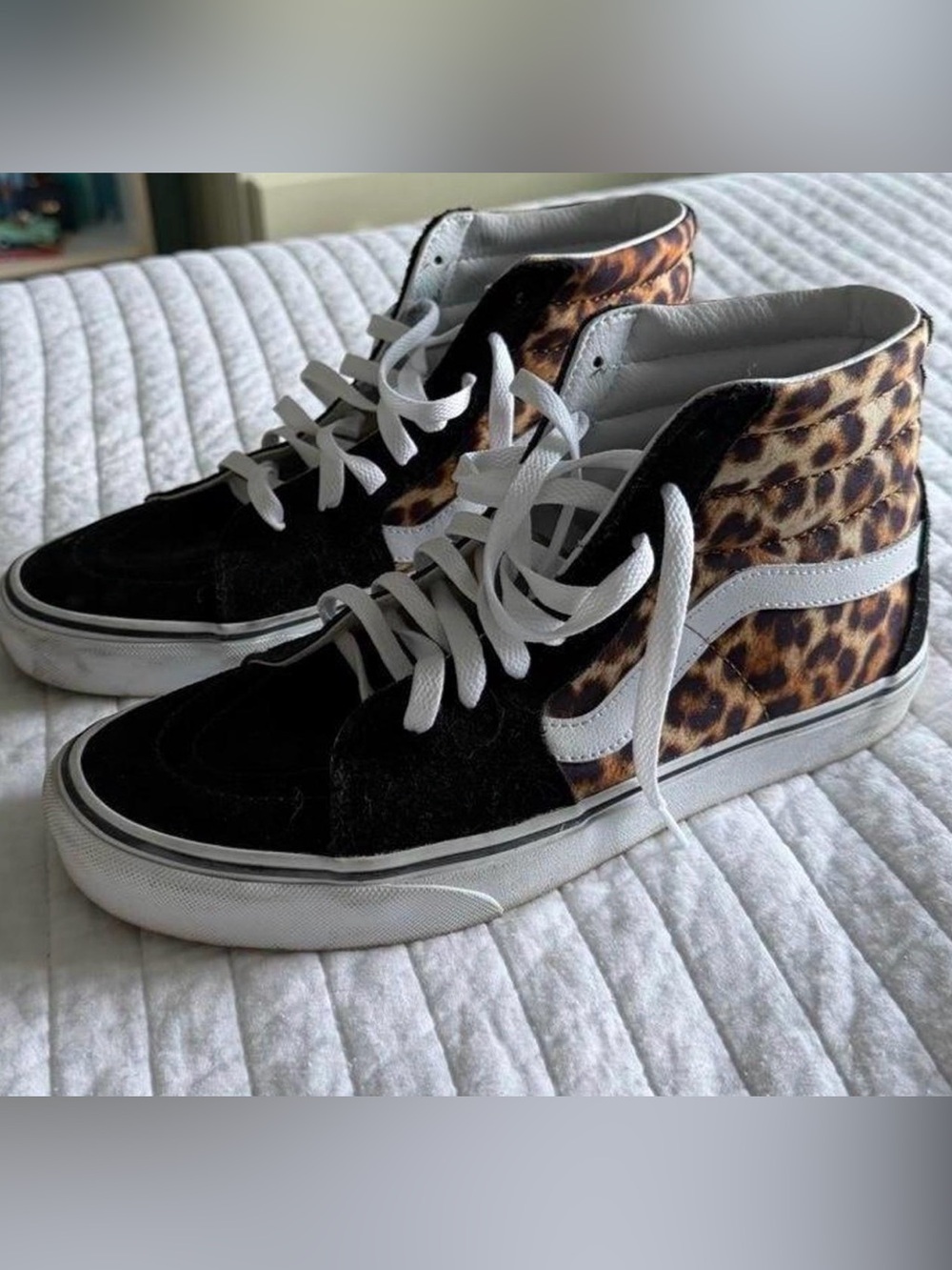 Vans Women's High-Top Sneakers in Leopard and Black with White Stripe